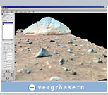 Dieses 3D-Bild, das die Sicht der Sonde bei der Anfahrt auf den Felsklumpen „Adirondack“ zeigt, wurde mit der Virtual Reality-Software Viz von NASA Ames auf Basis einer NVIDIA Quadro-Grafiklösung erzeugt. Sprit wird einen Teil des Felsens zur genaueren mikroskopischen Untersuchung mittels einer speziellen Vorrichtung abschleifen. Bild mit freundlicher Genehmigung von NASA Ames/JPL/Cornell.