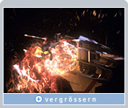 Bei dieser Szene aus Battlestar Galactica wird die Action im Vordergrund (der durch die Luft fliegende Körper) nahtlos mit dem Hintergrund (Explosion und Raumschiff) verschmolzen – möglich dank NVIDIA Quadro-Grafikpower.